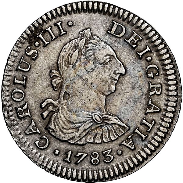 Mexico City, Mexico, bust 1/2 real, Charles III, 1783 FF, NGC AU details / saltwater damage / El Caz