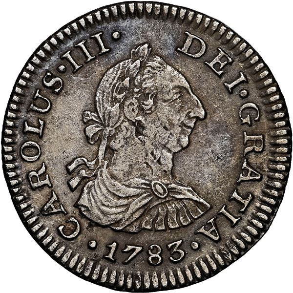 Mexico City, Mexico, bust 1/2 real, Charles III, 1783 FF, NGC AU details / saltwater damage / El Caz