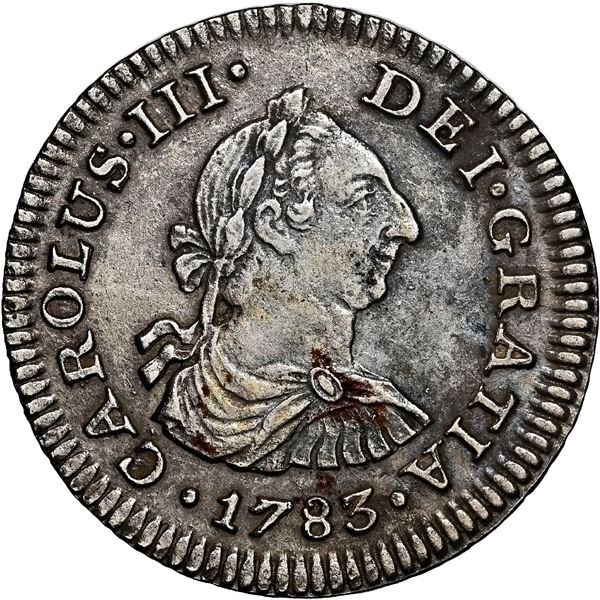 Mexico City, Mexico, bust 1/2 real, Charles III, 1783 FF, NGC AU details / saltwater damage / El Caz