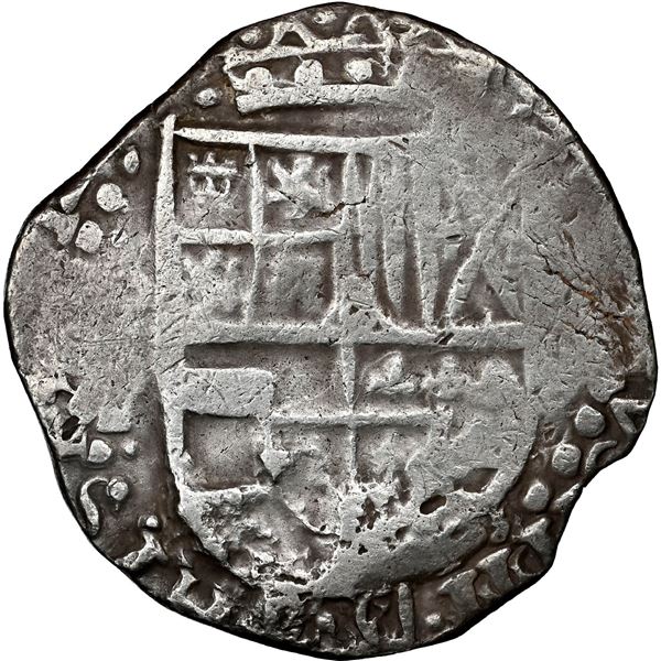 Potosi, Bolivia, cob 8 reales, Philip IV, assayer T (1628-9), NGC VF details / cleaned.