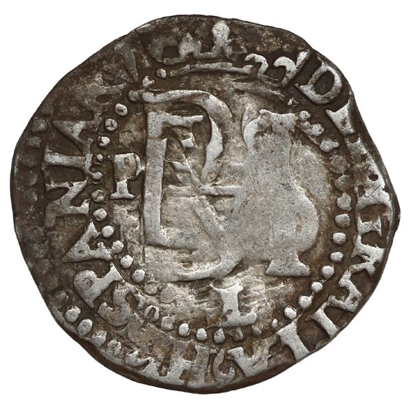 Potosi, Bolivia, cob 1/2 real, Philip II, assayer L/erasure below monogram, mintmark P to left.