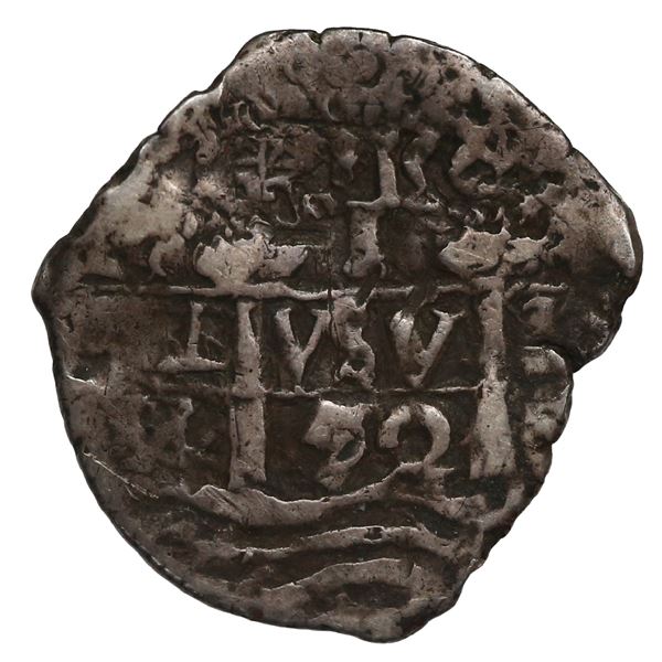 Potosi, Bolivia, cob 1 real, 1652 E post-transitional, 1-PH-6 at top, motto PL-VSV-LTR.