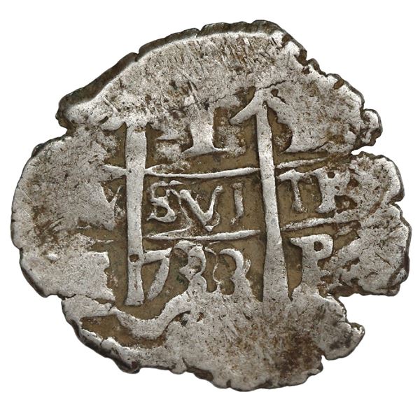 Potosi, Bolivia, cob 1 real, 1733 E with retrograde E on cross side, rare.