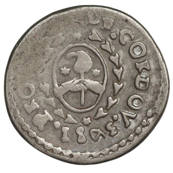 Cordoba, Argentina, 1 real, 1843, upside-down 3 and lazy 4 in date, scarce variety.