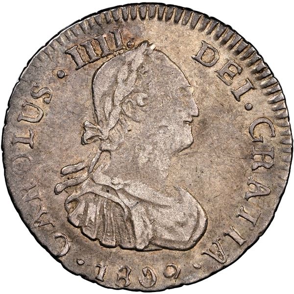 Potosi, Bolivia, bust 1/2 real, Charles IV (posthumous), 1809 PJ, rare, NGC XF 45.