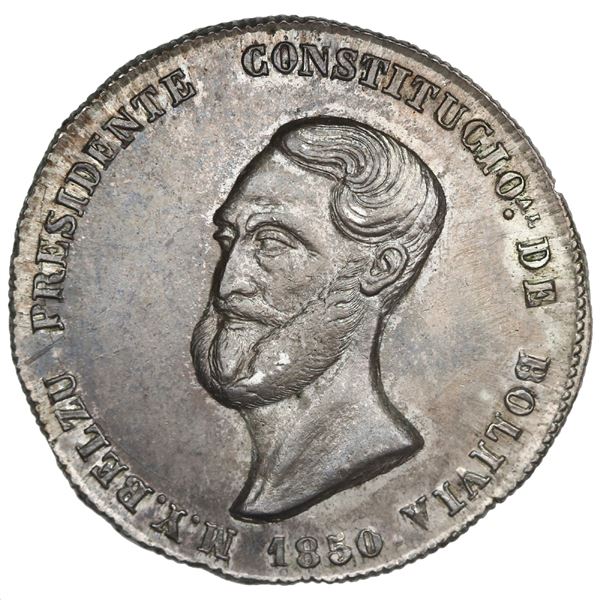 Potosi, Bolivia, 4 soles monetary medal, 1850, Belzu, Hercules and hydra.