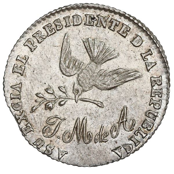 Potosi, Bolivia, 1/10 boliviano monetary medal, no date (ca. 1863), Acha, dove / ship.