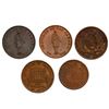 Image 1 : Lot of five Montreal, Canada, copper 1 sou / half penny tokens: two City Bank "habitant" tokens, 183