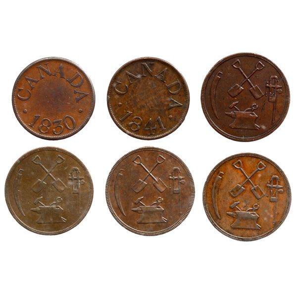 Lot of six Montreal, Canada, copper tokens: one half penny, 1830, James Duncan & Co, ex-Oppenheim; o