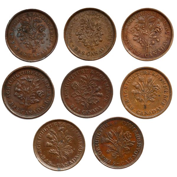 Lot of eight Montreal, Lower Canada, copper  bouquet-sou  tokens, Agriculture & Commerce, no date (1