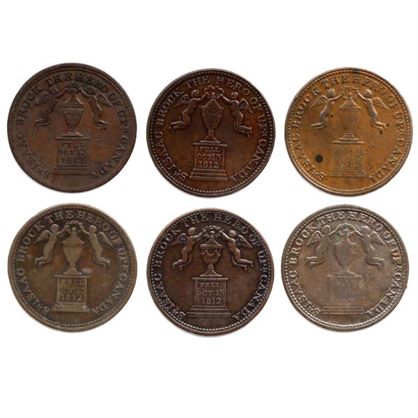 Lot of six Upper Canada copper half penny "Brock" tokens, 1816, all different die-varieties, various