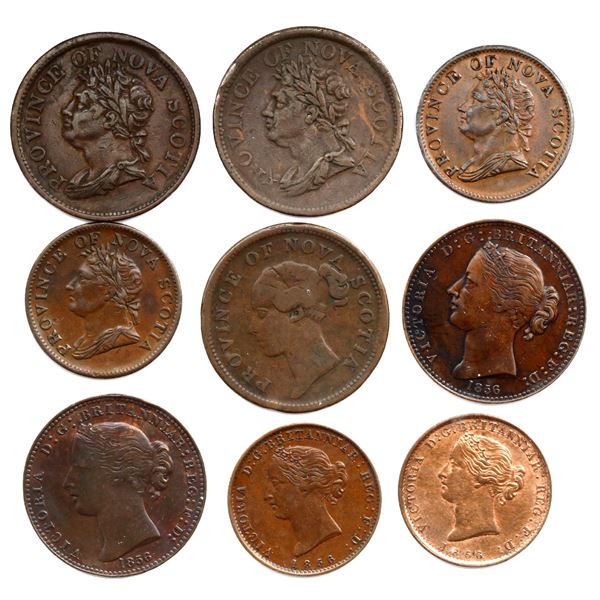 Lot of nine Province of Nova Scotia copper tokens: 1 penny, William IV, 1824 (two); 1 penny, Victori