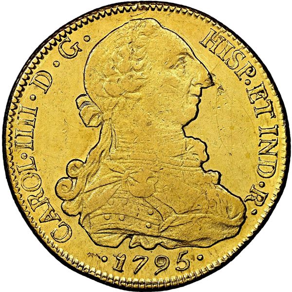 Santiago, Chile, gold bust 8 escudos, Charles IV (bust of Charles III), 1795 DA, NGC AU details / ob