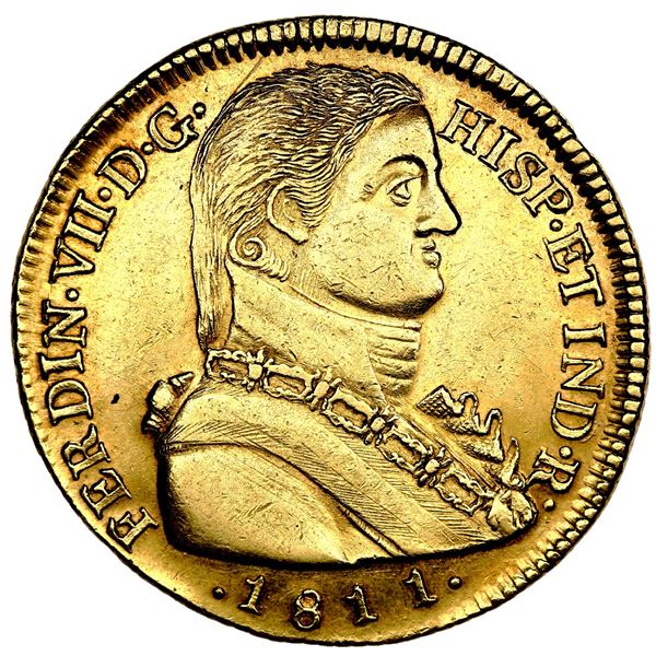 Santiago, Chile, gold bust 8 escudos, Ferdinand VII transitional ("admiral" bust), 1811 FJ.