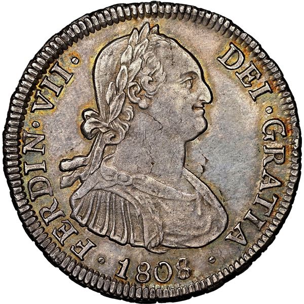 Santiago, Chile, bust 4 reales, Ferdinand VII, 1808/7 FJ, FERDIN VII, inverted J in FJ, NGC AU detai