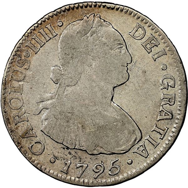 Santiago, Chile, bust 2 reales, Charles IV, 1795 DA, VG 10.