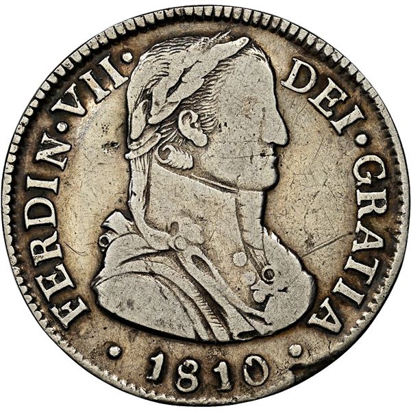 Santiago, Chile, bust 2 reales, Ferdinand VII transitional ("admiral" bust), 1810 FJ, NGC Genuine / 
