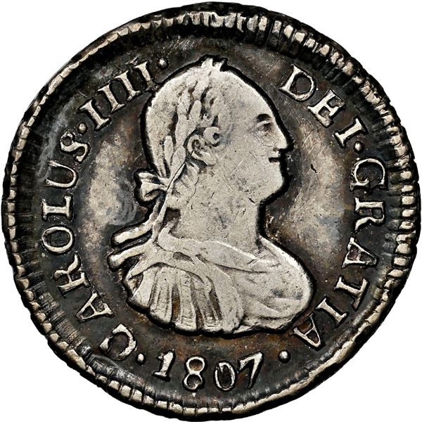 Santiago, Chile, bust 1/2 real, Charles IV, 1807 FJ, NGC XF details / cleaned.