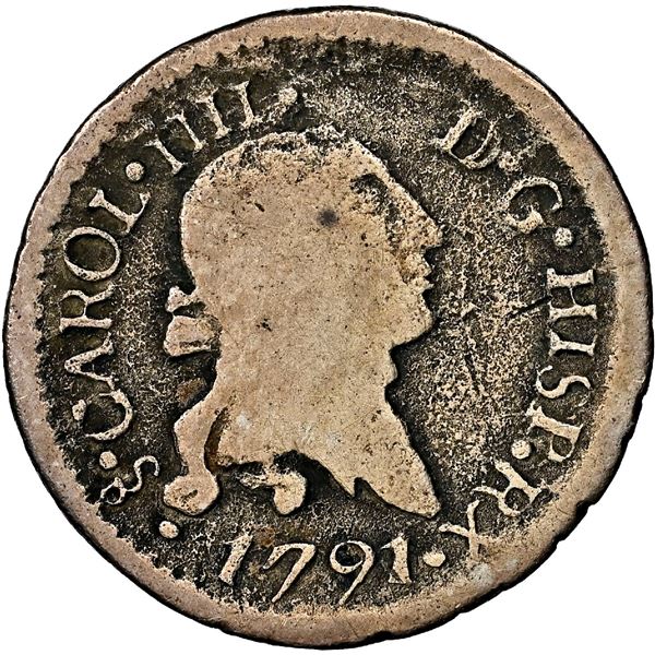 Santiago, Chile, bust 1/4 real, Charles IV transitional (bust of Charles III, ordinal IIII), 1791, N