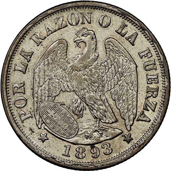 Santiago, Chile, 20 centavos, 1893, no dash below S, NGC AU 53.