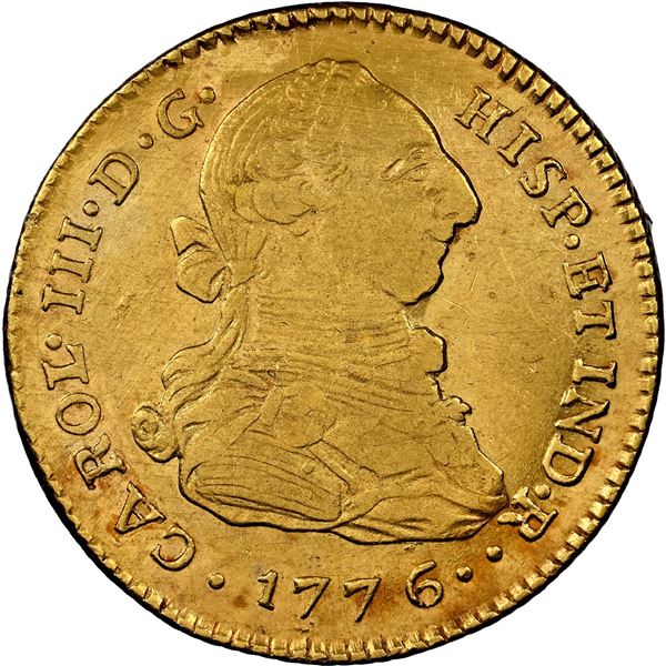 Popayan, Colombia, gold bust 2 escudos, Charles III, 1776 SF, NGC AU details / obv cleaned.