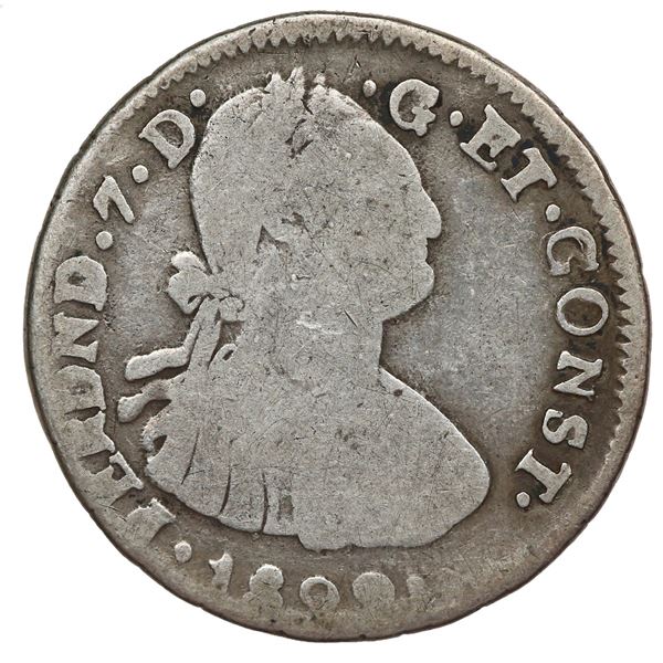 Pasto, Colombia, bust 2 reales, Ferdinand VII (bust of Charles IV), 1822 O, two dots between date an