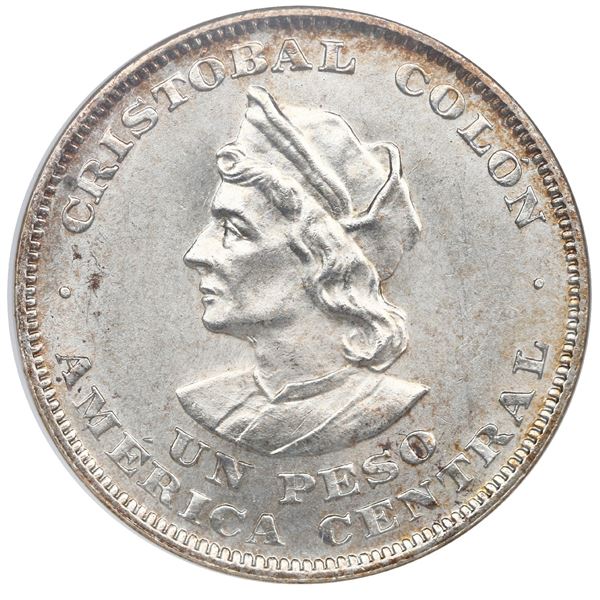 El Salvador, 1 peso, 1908-CAM, Columbus, ANACS MS 62.