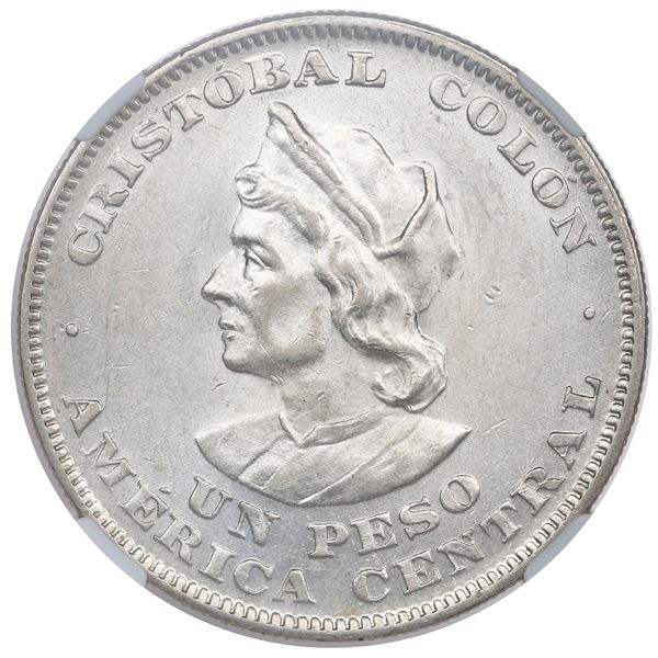 El Salvador, 1 peso, 1908-CAM, Columbus, NGC MS 61.