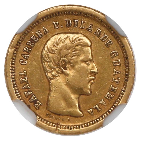 Guatemala, gold 4 reales, 1860 R, Carrera, NGC AU 55.