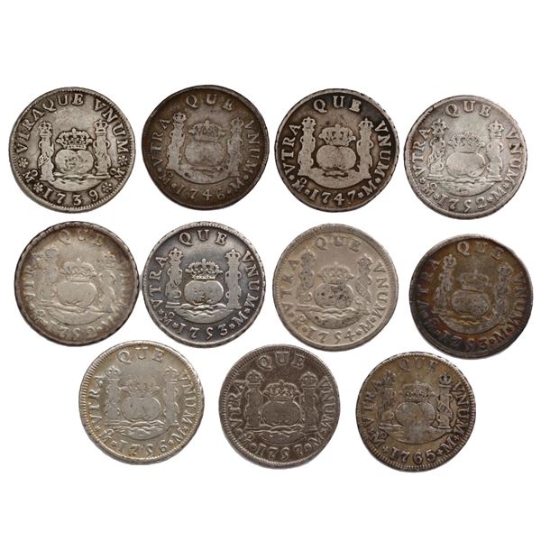 Lot of eleven Mexico City, Mexico, pillar 2 reales, Philip V through Charles III, various dates and 