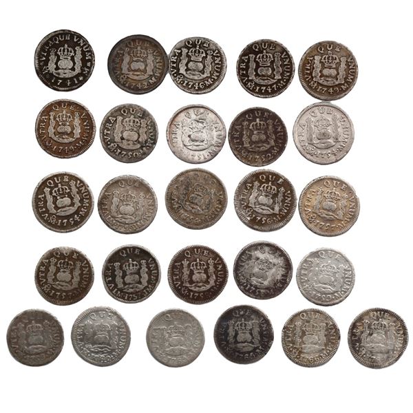 Lot of 26 pillar 1/2R (all Mexico City, Mexico, Philip V through Charles III, except for two Lima, P