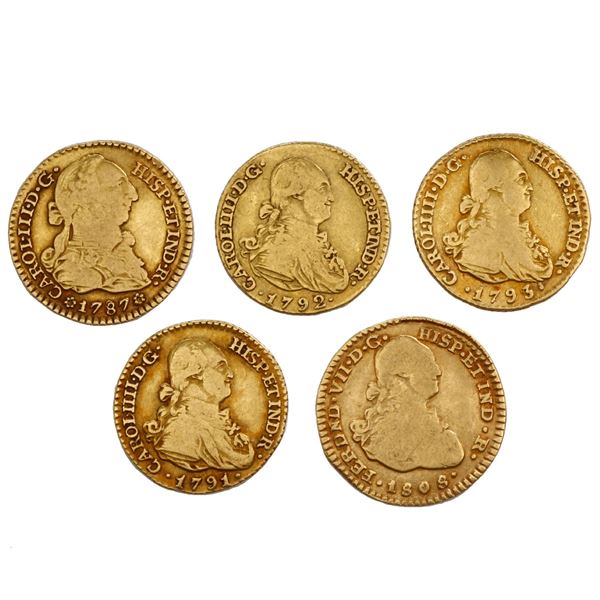 Lot of five gold bust 1E (three Madrid and one Seville, Spain, plus one Popayan, Colombia), Charles 