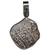 Image 1 : Potosi, Bolivia, cob 2 reales, 1749 q, mounted pillars-side out in sterling silver pendant with emer