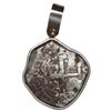 Image 2 : Potosi, Bolivia, cob 2 reales, 1749 q, mounted pillars-side out in sterling silver pendant with emer