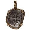 Image 2 : Potosi, Bolivia, cob 1/2 real, 1728, mounted cross-side out in 14K gold bezel with fixed bail.