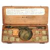 Image 1 : Brass pan balance scale with twelve brass weights in original wooden box, French, 1700s.