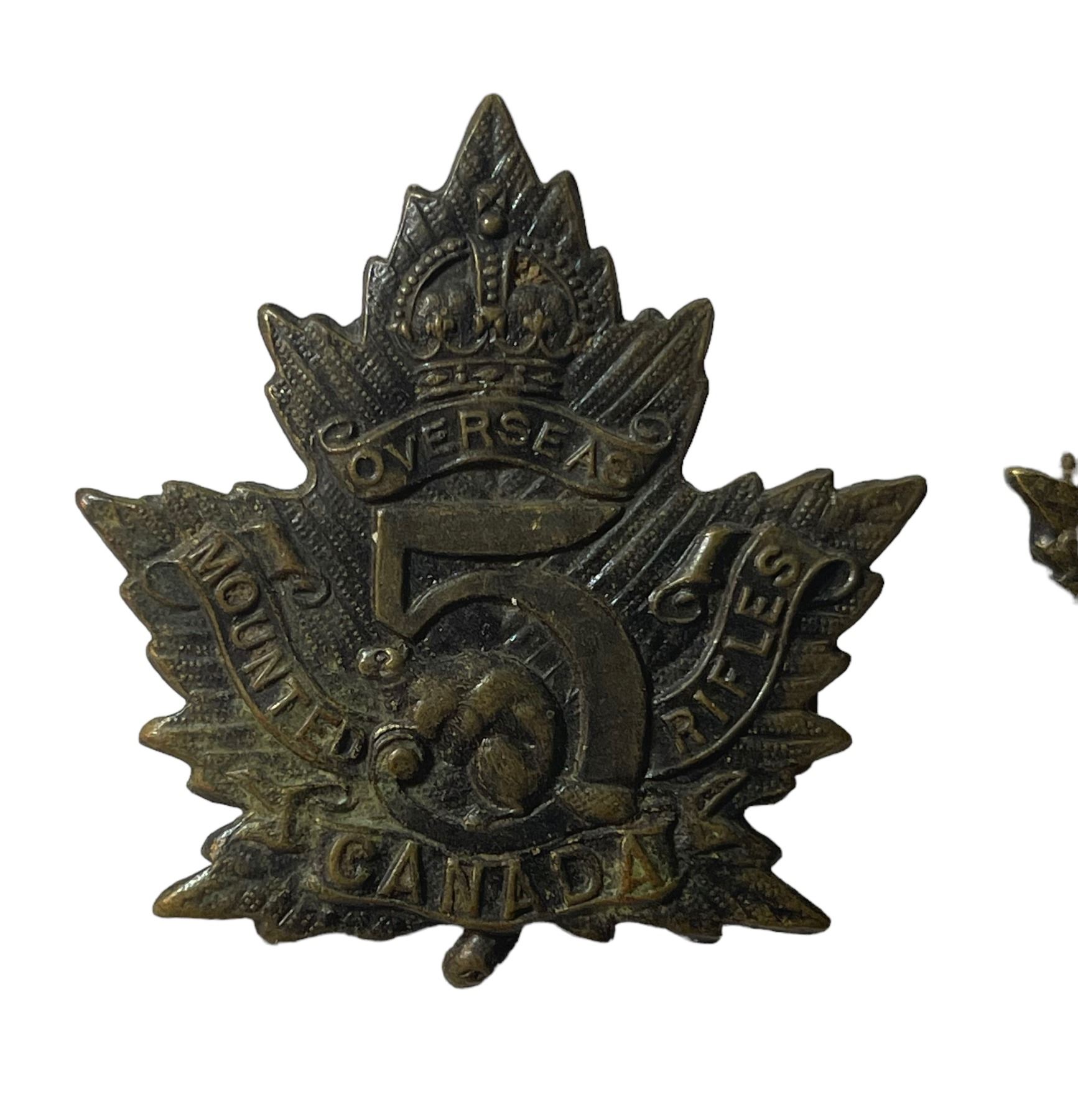 WW1 CEF 5th Canadian Mounted Rifles Cap & Collar Badge