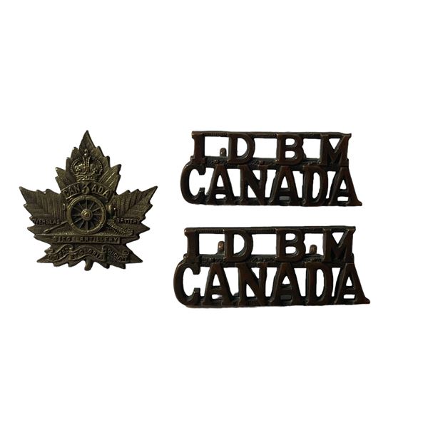 WW1 CEF 3rd Overseas Siege Battery Collar Badge & Pair of 1DBM Shoulder Title Badges