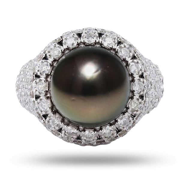 11mm Tahitian Pearl and 2.44 ctw Diamond 18K White Gold Ring