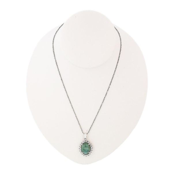 9.50 ctw Emerald and 0.90 ctw White Topaz 925 Silver Pendant/Necklace