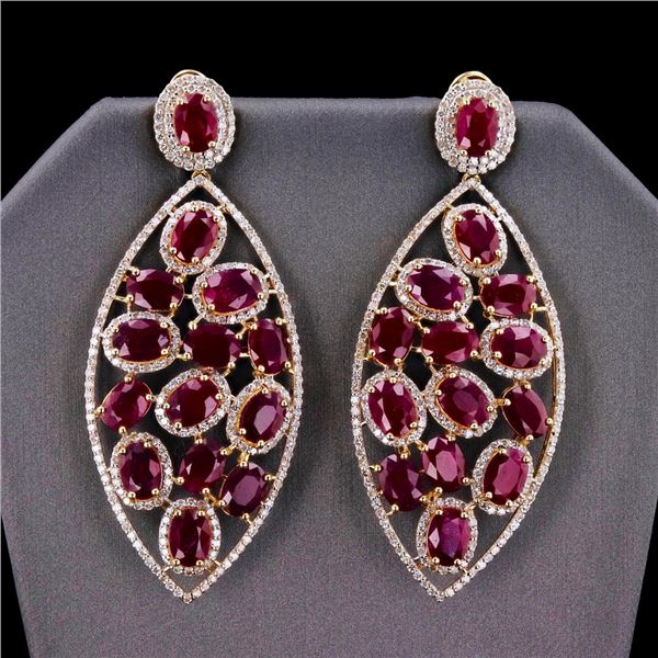 28.37 ctw Ruby and 3.54 ctw Diamond 14K Yellow Gold Earrings