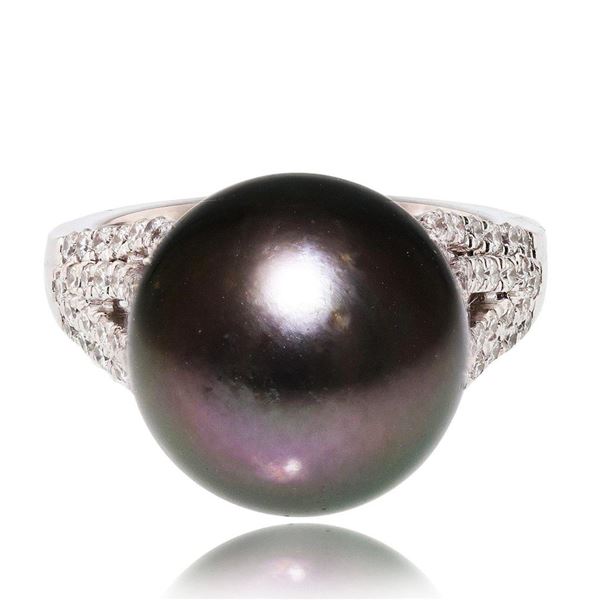 13.50mm Black-Gray South Sea Pearl and 0.65 ctw Diamond Platinum Ring