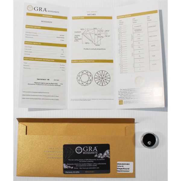 GRA CERTIFIED 1 CT MOISSANITE STONE VVS1 G