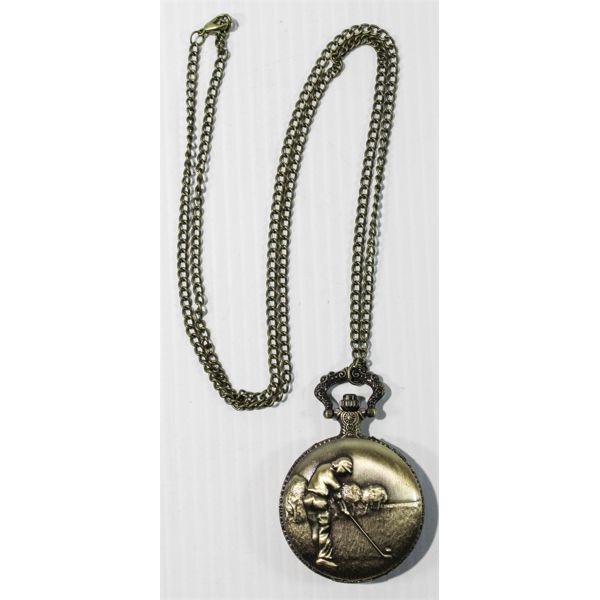 BRAND NEW BRONZE TONE POCKET WATCH WITH GOLF SCENE