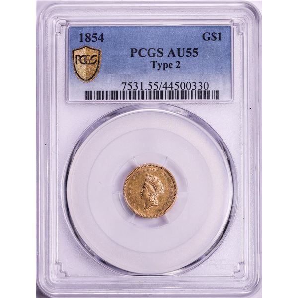 1854 Type 2 Indian Princess Head Gold Dollar Coin PCGS AU55