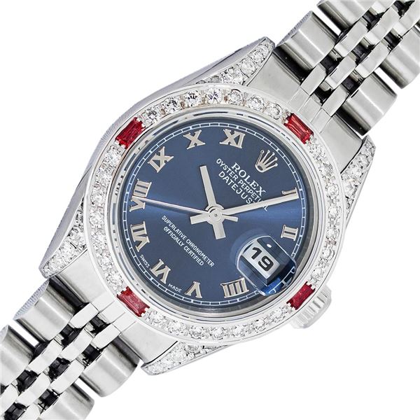 Rolex Ladies Stainless Steel Blue Roman Ruby and Diamond Datejust Wristwatch