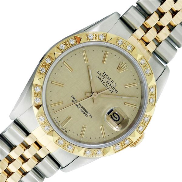 Rolex Mens Two Tone Champagne Linen Index Diamond Datejust Wristwatch