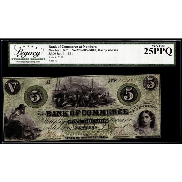 1861 $5 The Bank of Commerce at Newbern, NC Obsolete Note Legacy Very Fine 25PPQ