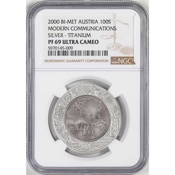 2000 Austria 100  Schillings Bi-metal Modern Communications Coin NGC PF69 Ultra Cameo