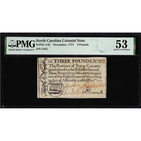 1771 North Carolina 3 Pounds Colonial NC-142 PMG About Uncirculated 53 Magna Charta